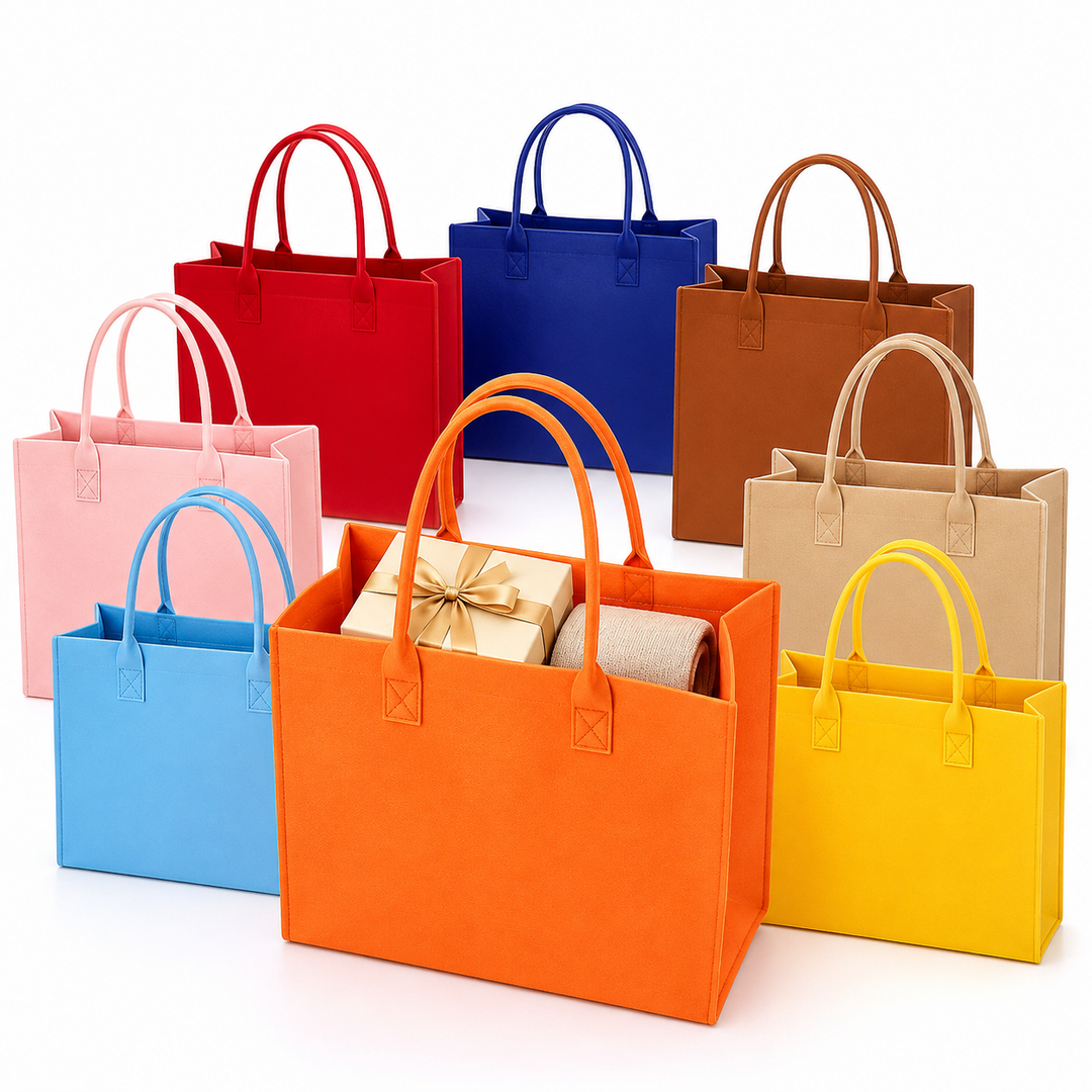 Structured felt tote bag with reinforced handles and organized interior Bowlift