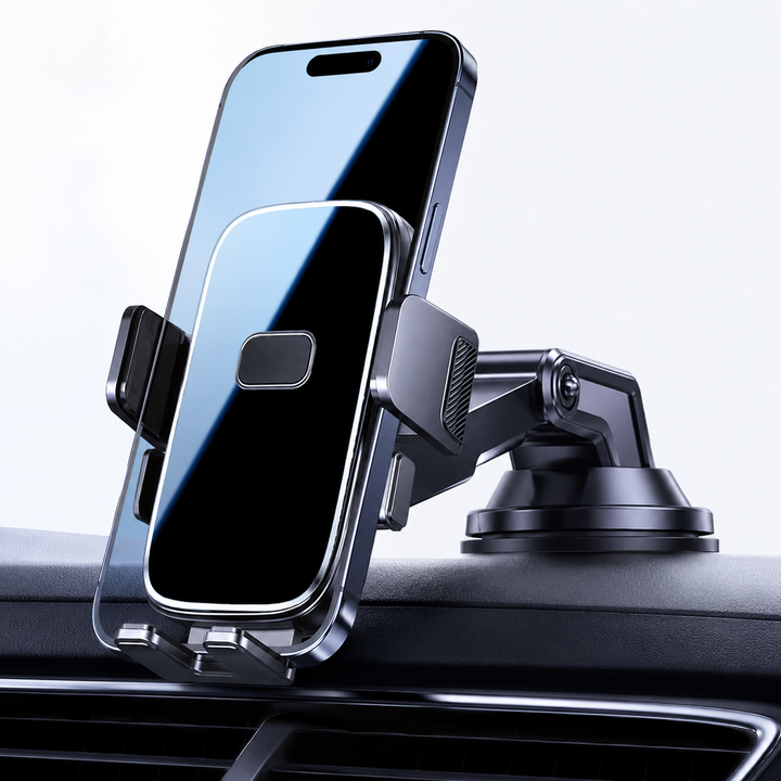 Gravity air vent phone mount with automatic clamp and Qi-compatible wireless charging pad Bowlift