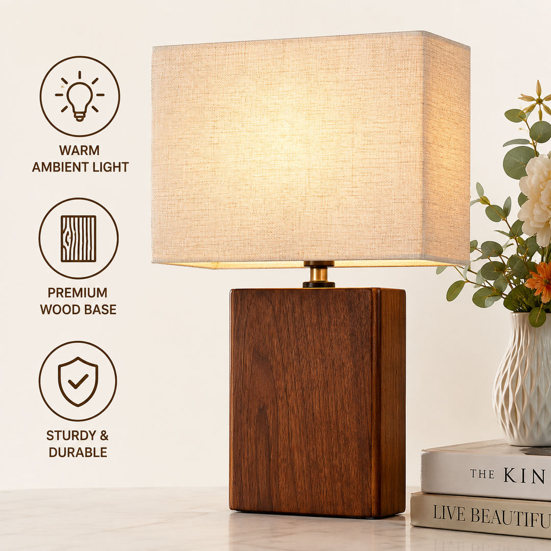 Retro modern solid wood table lamp with rectangular linen shade and brass neck Bowlift