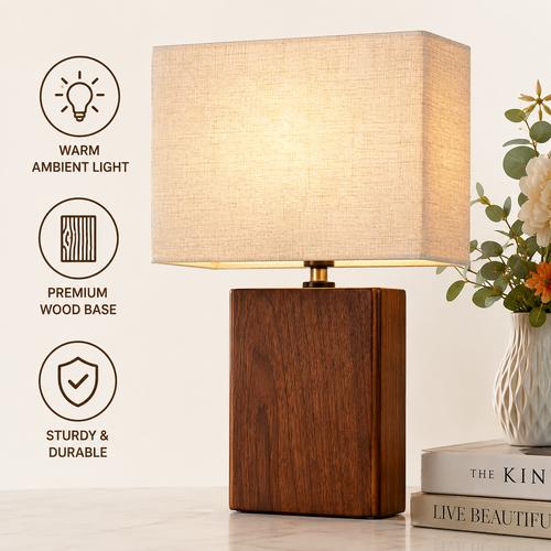Retro modern solid wood table lamp with rectangular linen shade and brass neck Bowlift