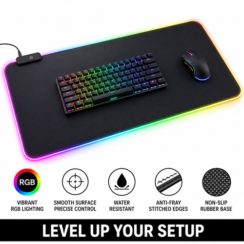 Extra Large RGB Backlit Gaming Mouse Pad with Microfiber Surface and Braided USB Cable Bowlift