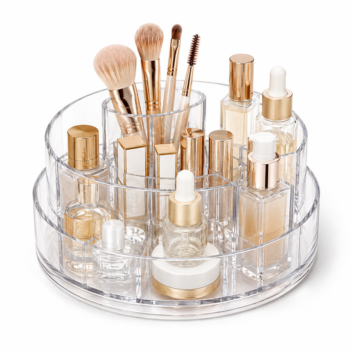 Rotating Acrylic Cosmetic Organizer with Multi-Compartment Central Tower and Swivel Base Bowlift