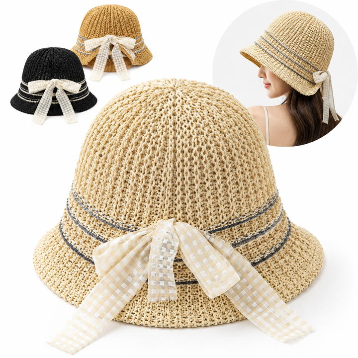 Crocheted Raffia Bucket Sun Hat with Lace Tie and Braided Trim Bowlift