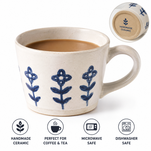 Hand-Painted Stoneware Floral Pattern Coffee Mug with Wide Rim and Comfortable Handle Bowlift
