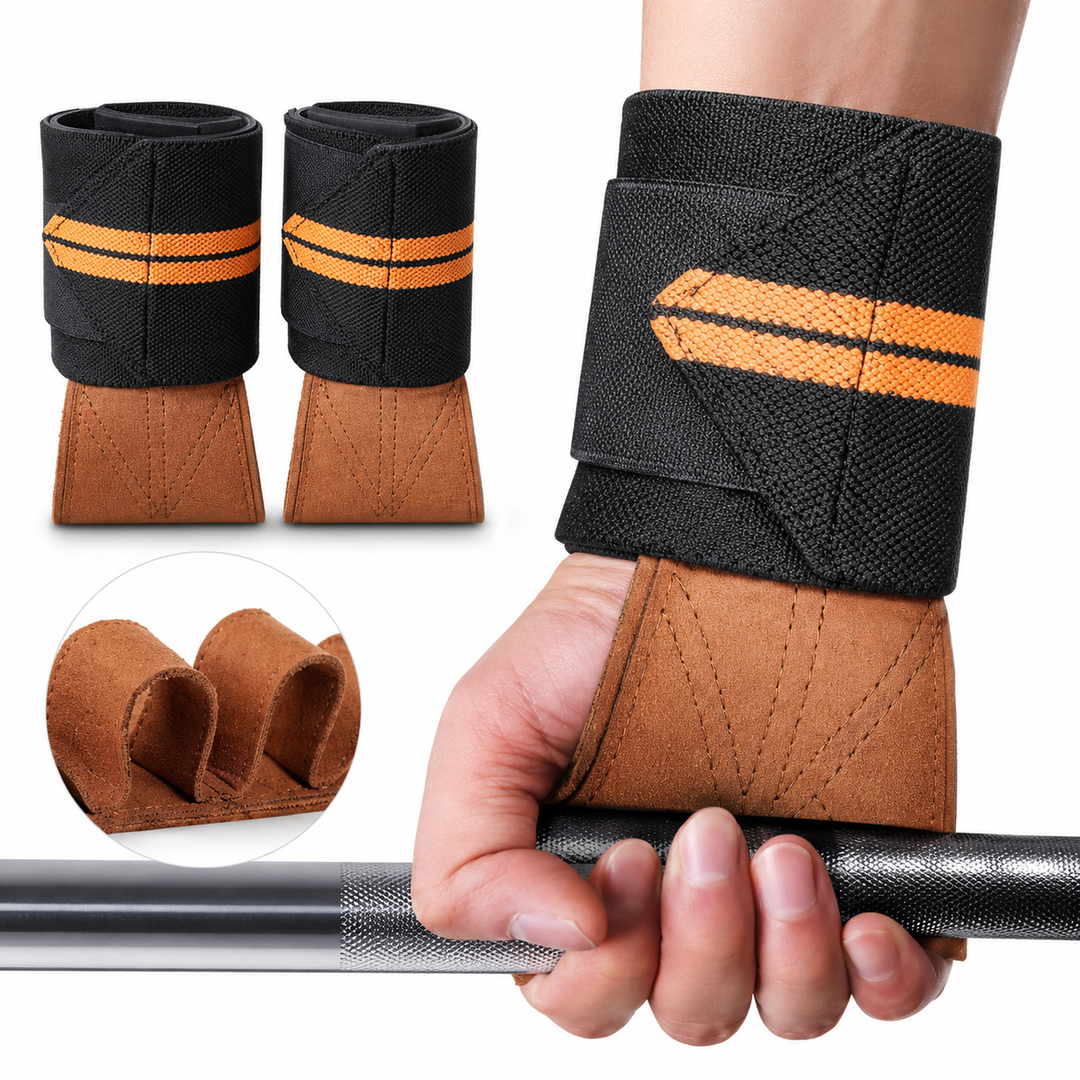 Leather Palm Wrist Support Lifting Grips with Thumb Loop and Reinforced Strap Bowlift