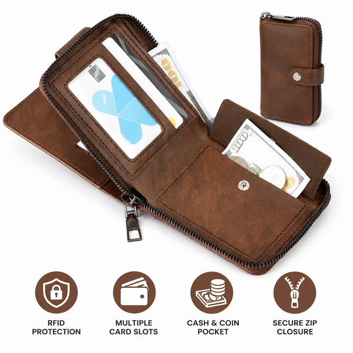 Compact Leather Zip-Around Bifold Wallet with Magnetic Strap Bowlift