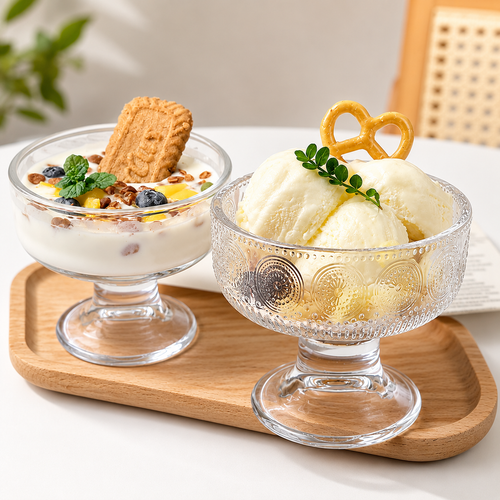Footed glass dessert bowl with wide rim pedestal base for serving and display Bowlift