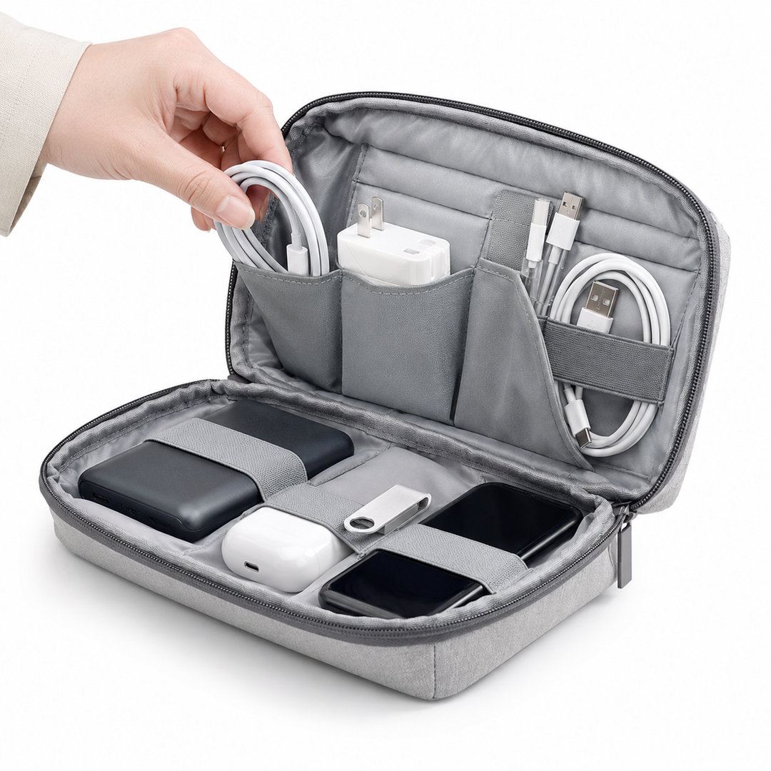 Compact Travel Toiletry and Electronics Organizer Pouch with Structured Shell Bowlift