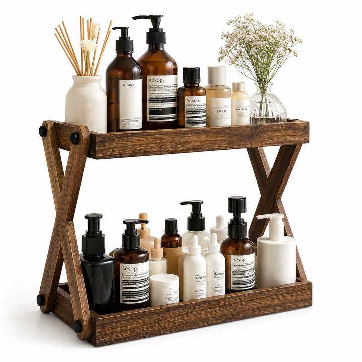 Two-Tier Solid Wood Bathroom Vanity Organizer Shelf Bowlift