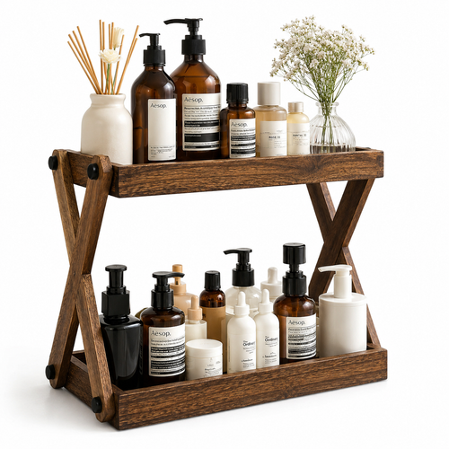 Two-Tier Solid Wood Bathroom Vanity Organizer Shelf Bowlift