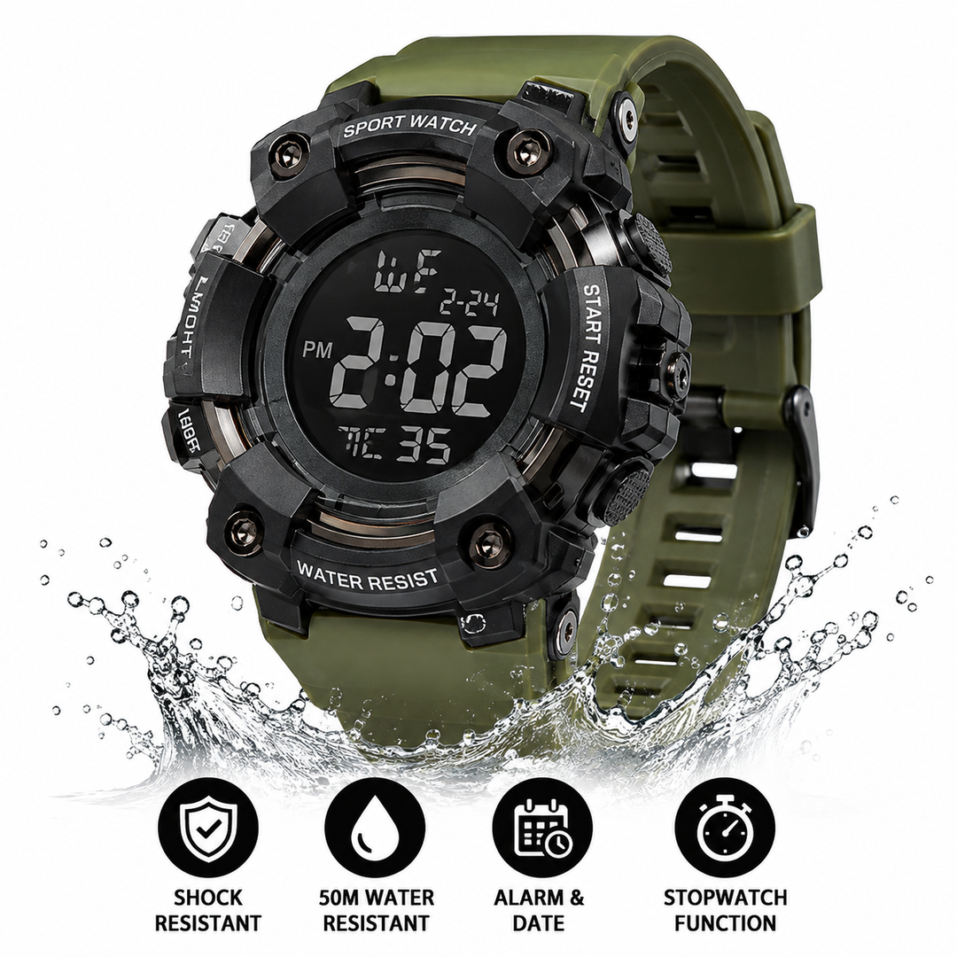 Rugged Digital Sport Watch with Shockproof Case, LED Display and Silicone Strap Bowlift