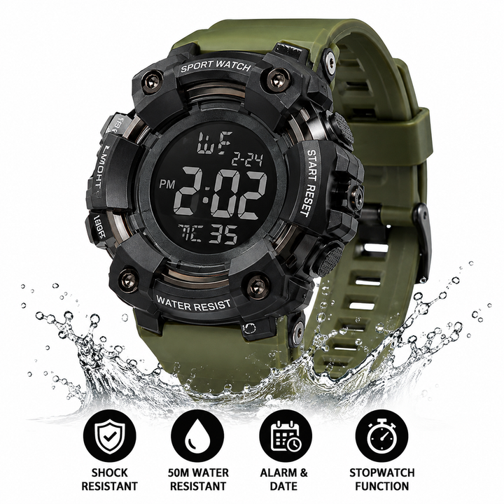 Rugged Digital Sport Watch with Shockproof Case, LED Display and Silicone Strap Bowlift
