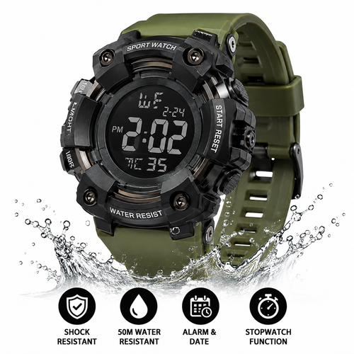 Rugged Digital Sport Watch with Shockproof Case, LED Display and Silicone Strap Bowlift