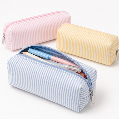 Striped Canvas Pencil Case and Stationery Organizer with Top Zipper Bowlift