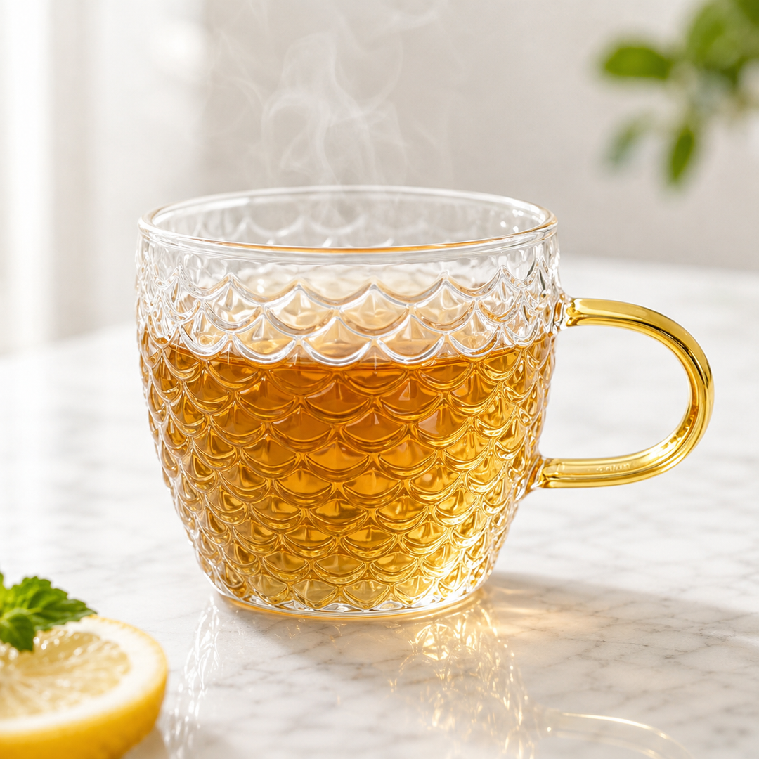 Hand-Blown Textured Glass Coffee Mug with Curved Decorative Handle Bowlift