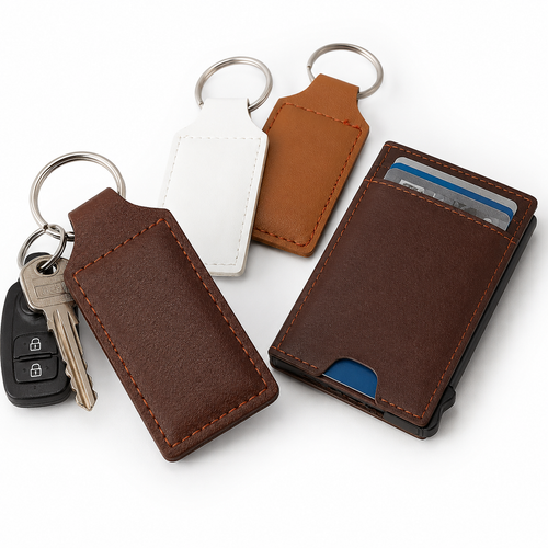 Oval Stitched Synthetic Leather Key Fob with Metal Ring Bowlift