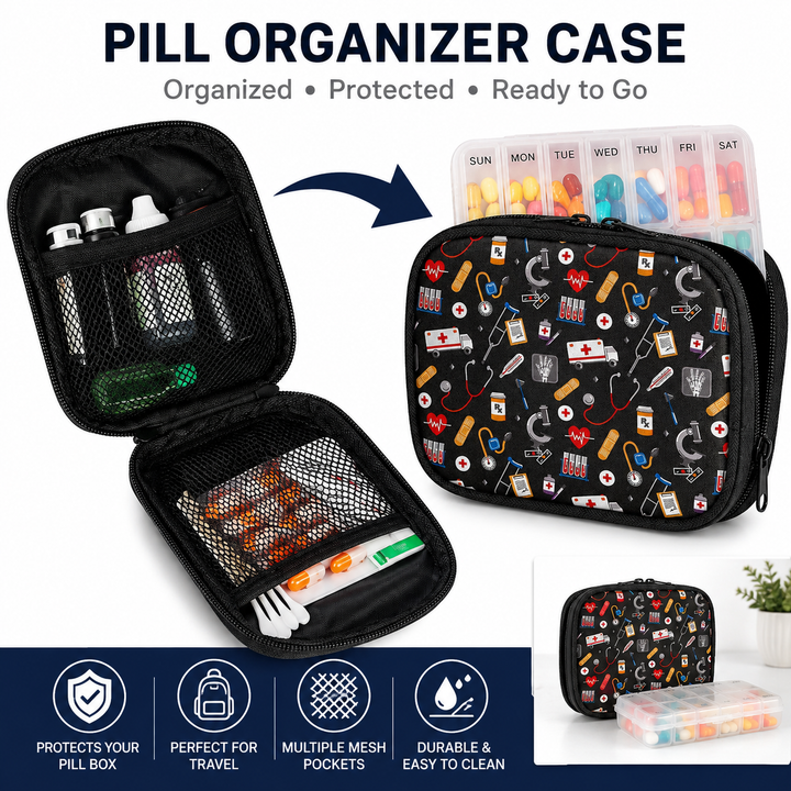 Compact Medical Organizer Pouch with Mesh Compartments and Dual-Zip Bowlift
