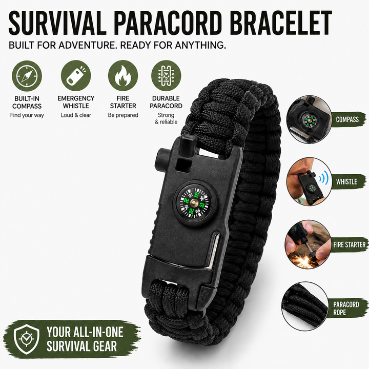 Adjustable Braided Survival Paracord Bracelet with Integrated Compass Whistle Firestarter and Buckle Tool Bowlift