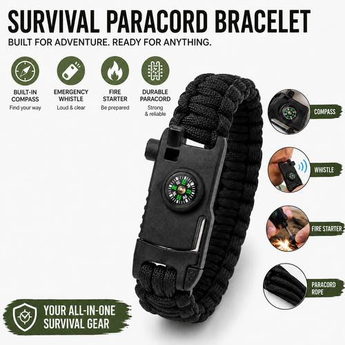 Adjustable Braided Survival Paracord Bracelet with Integrated Compass Whistle Firestarter and Buckle Tool Bowlift
