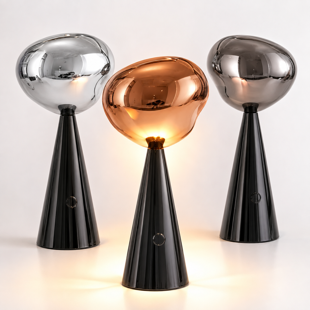 Modern mirrored sculptural table lamp with conical metal base Bowlift