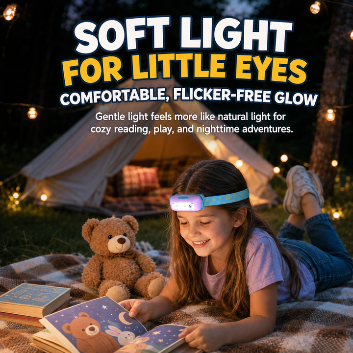 Kids LED adjustable headlamp with dual-beam focus and playful elastic strap Bowlift