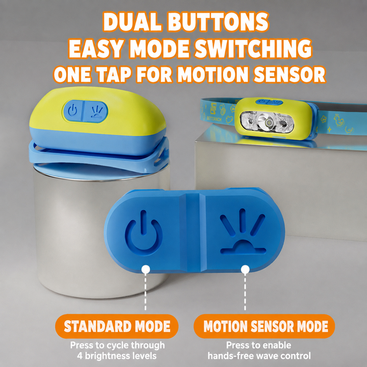Kids LED adjustable headlamp with dual-beam focus and playful elastic strap Bowlift