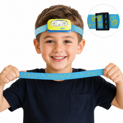 Kids LED adjustable headlamp with dual-beam focus and playful elastic strap Bowlift