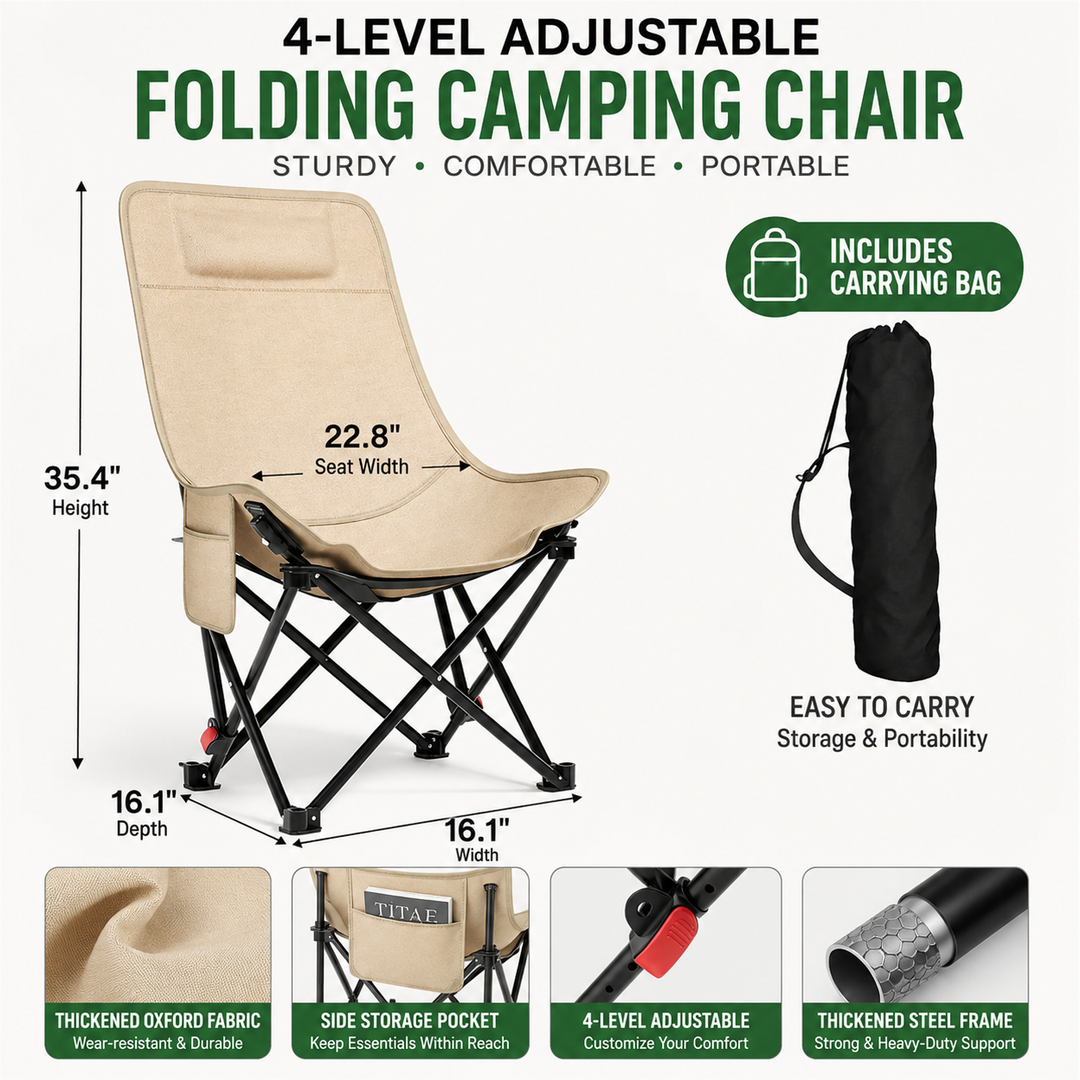 Portable heavy-duty folding camping chair with high-back breathable canvas, adjustable recline and carry bag Bowlift