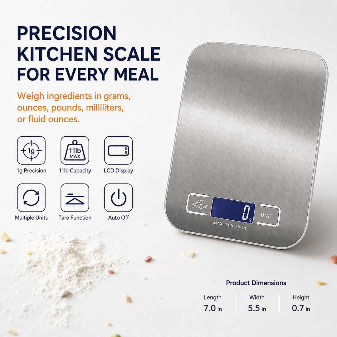 Brushed stainless steel digital kitchen scale with tare and multi-unit conversion Bowlift