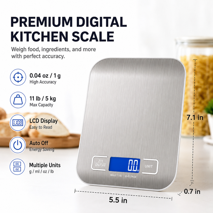 Brushed stainless steel digital kitchen scale with tare and multi-unit conversion Bowlift