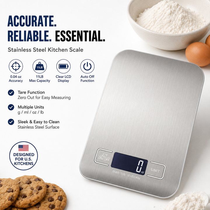 Brushed stainless steel digital kitchen scale with tare and multi-unit conversion Bowlift