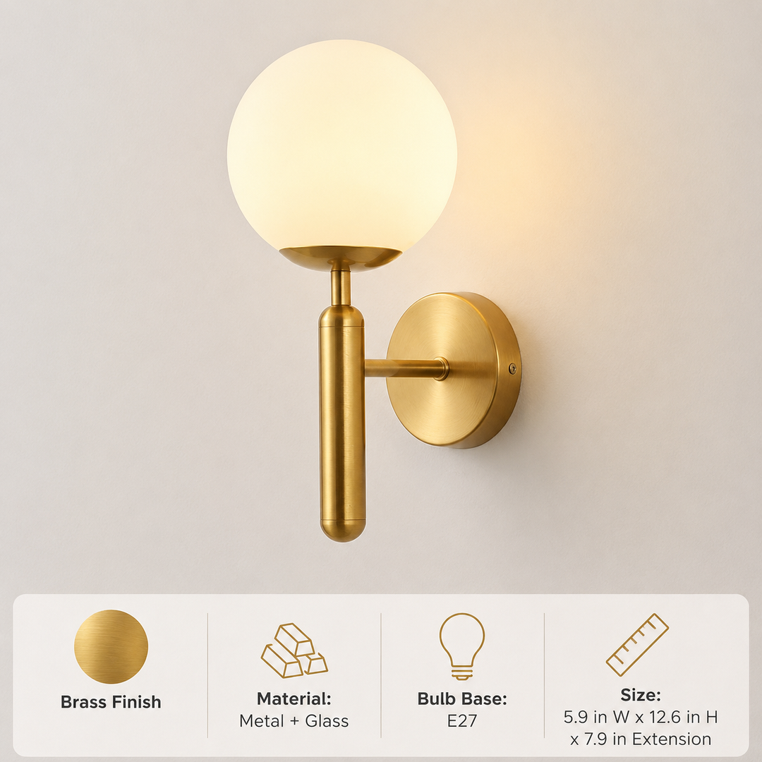 Modern wall sconce with opal glass globe and minimalist vertical stem Bowlift