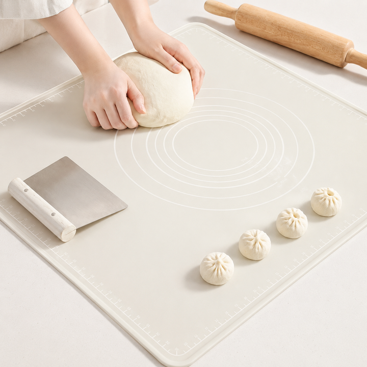 Silicone pastry and dough rolling mat with nonstick measurement grid and concentric circle guides Bowlift