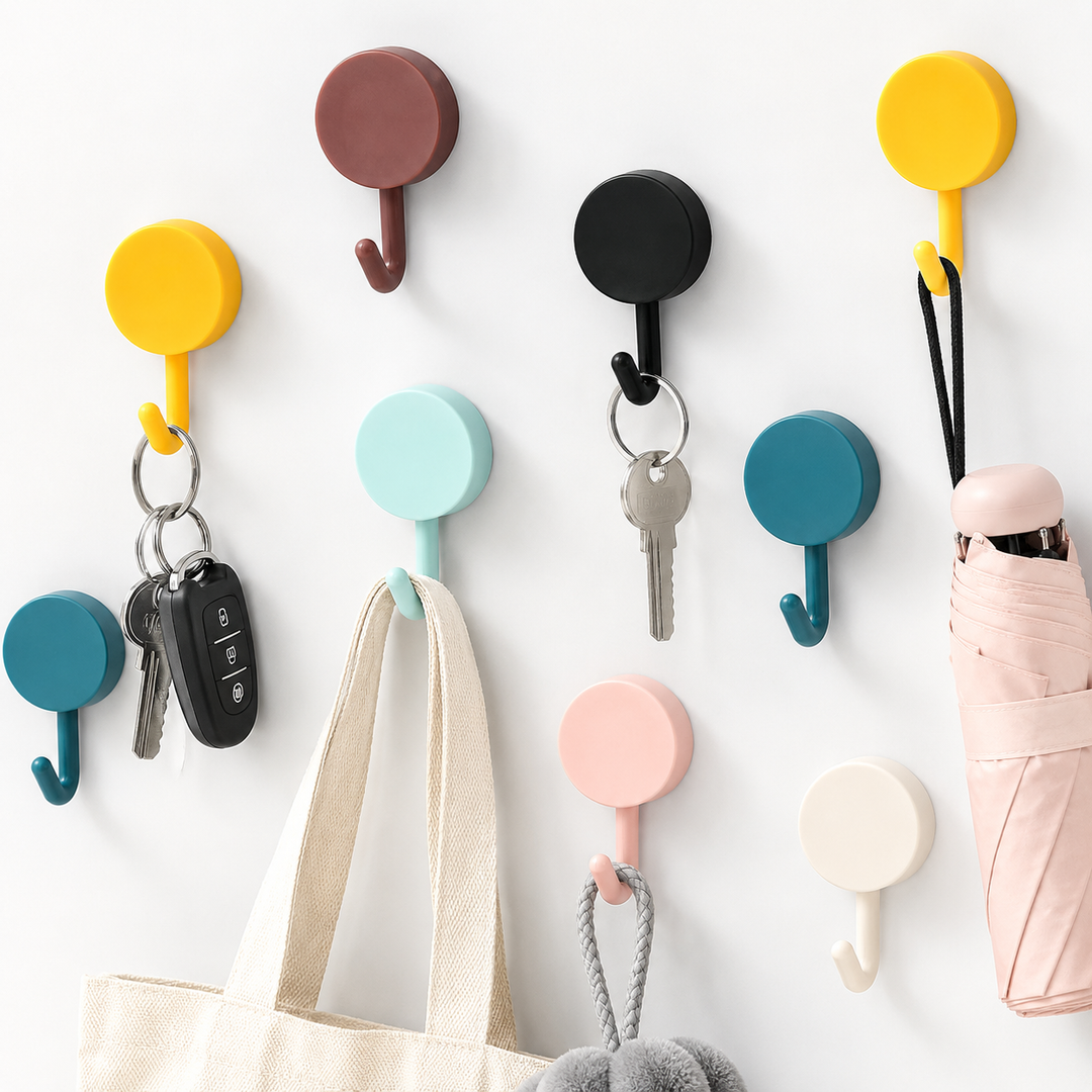 Round adhesive wall hook with removable strong-hold adhesive and curved J-hook Bowlift