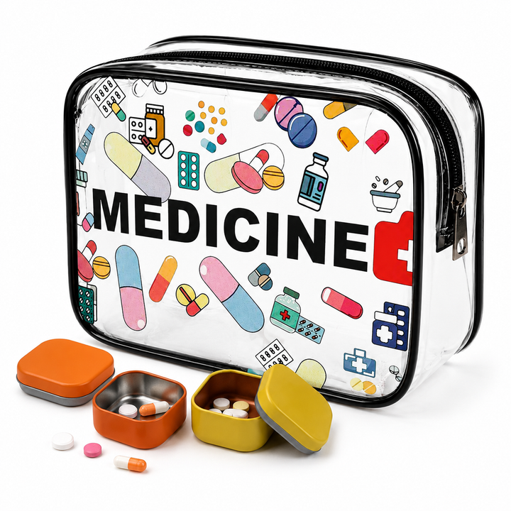 Transparent travel medicine organizer pouch with zippered compartments Bowlift