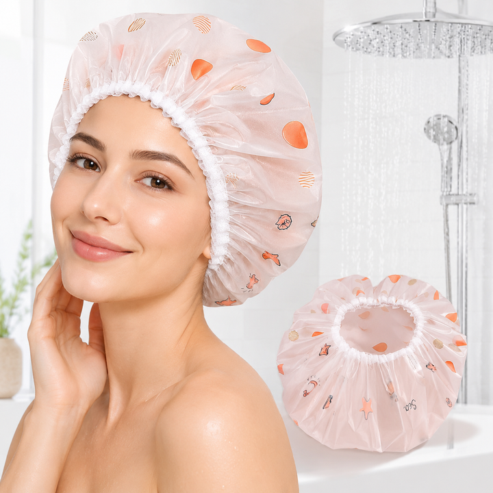 Reusable waterproof ruffled elastic shower cap pair with cute ocean print Bowlift