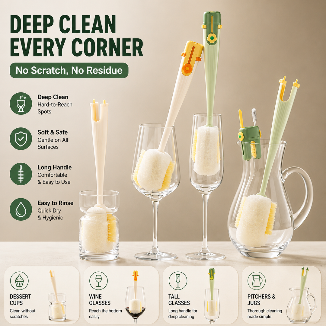 Ergonomic long-handle bottle and straw cleaning brush set with replaceable sponge head Bowlift