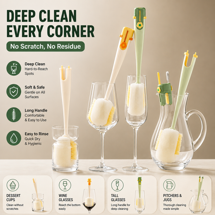 Ergonomic long-handle bottle and straw cleaning brush set with replaceable sponge head Bowlift