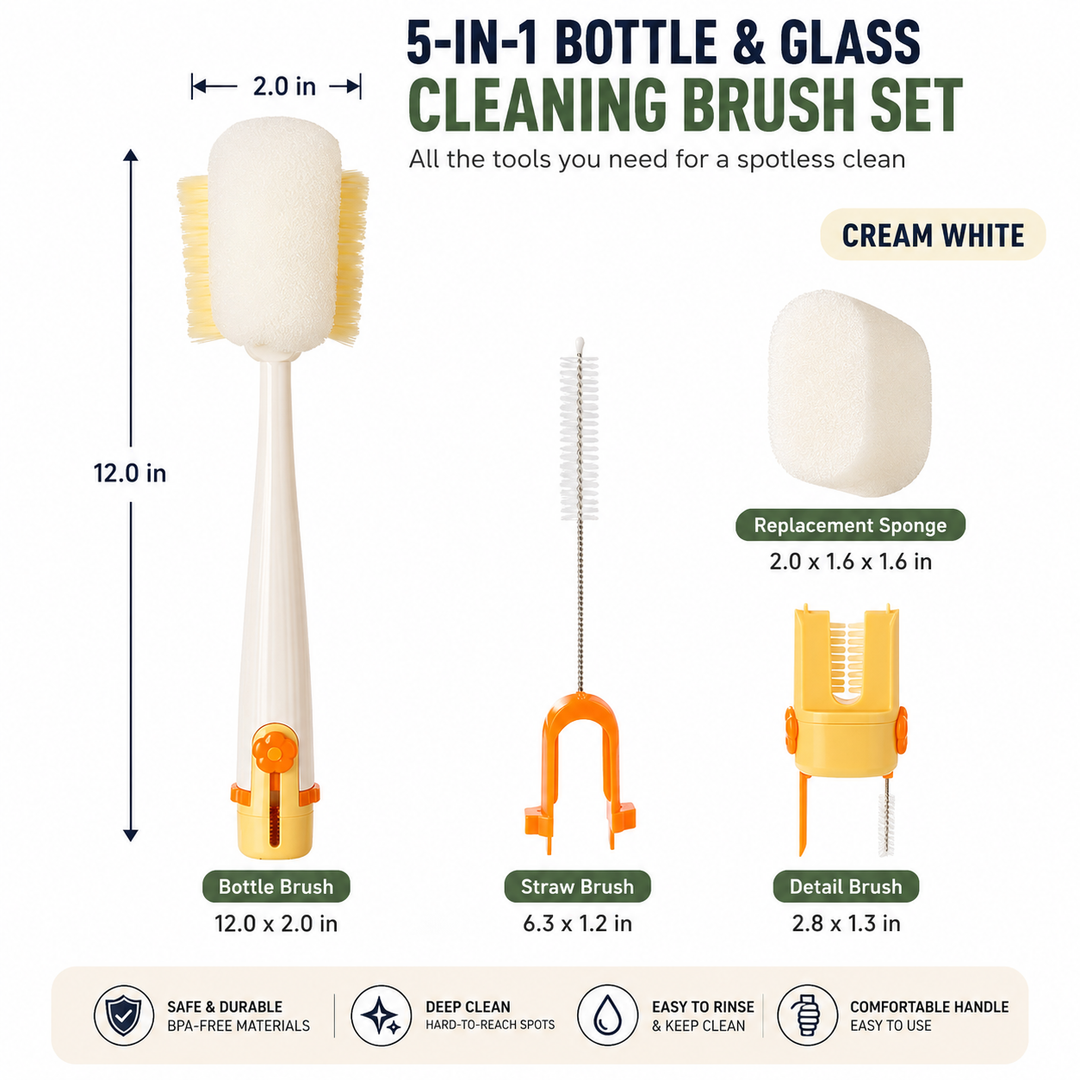 Ergonomic long-handle bottle and straw cleaning brush set with replaceable sponge head Bowlift