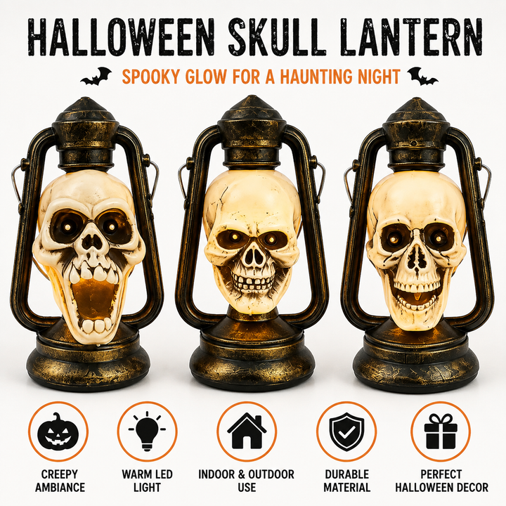 Vintage Metal LED Skull Lantern Table Centerpiece Bowlift