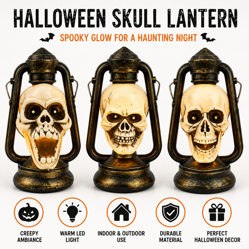 Vintage Metal LED Skull Lantern Table Centerpiece Bowlift