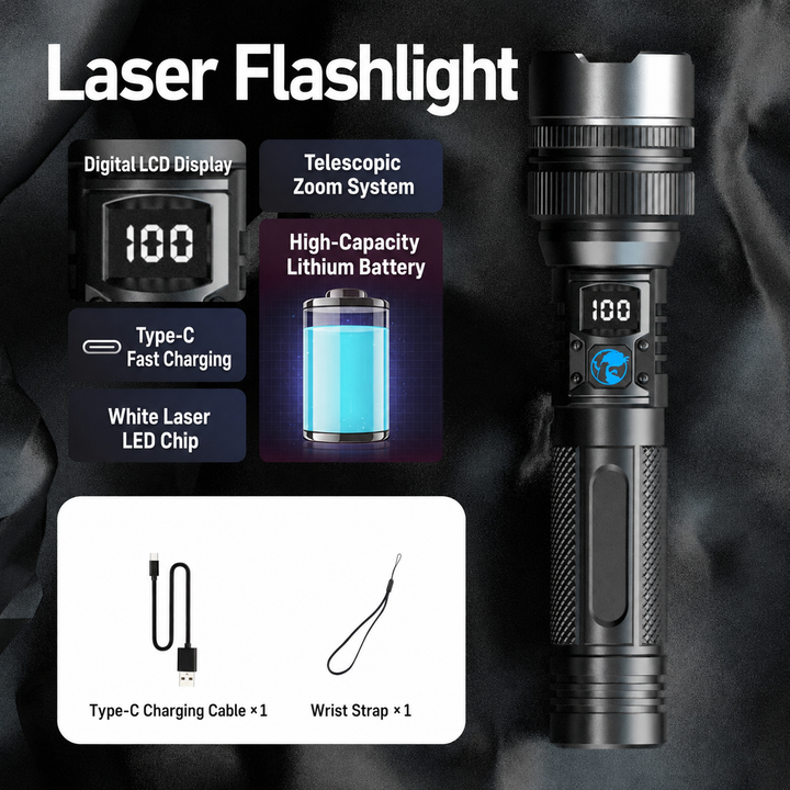 Rechargeable Tactical Zoomable LED Flashlight with Digital LCD Battery Indicator Bowlift