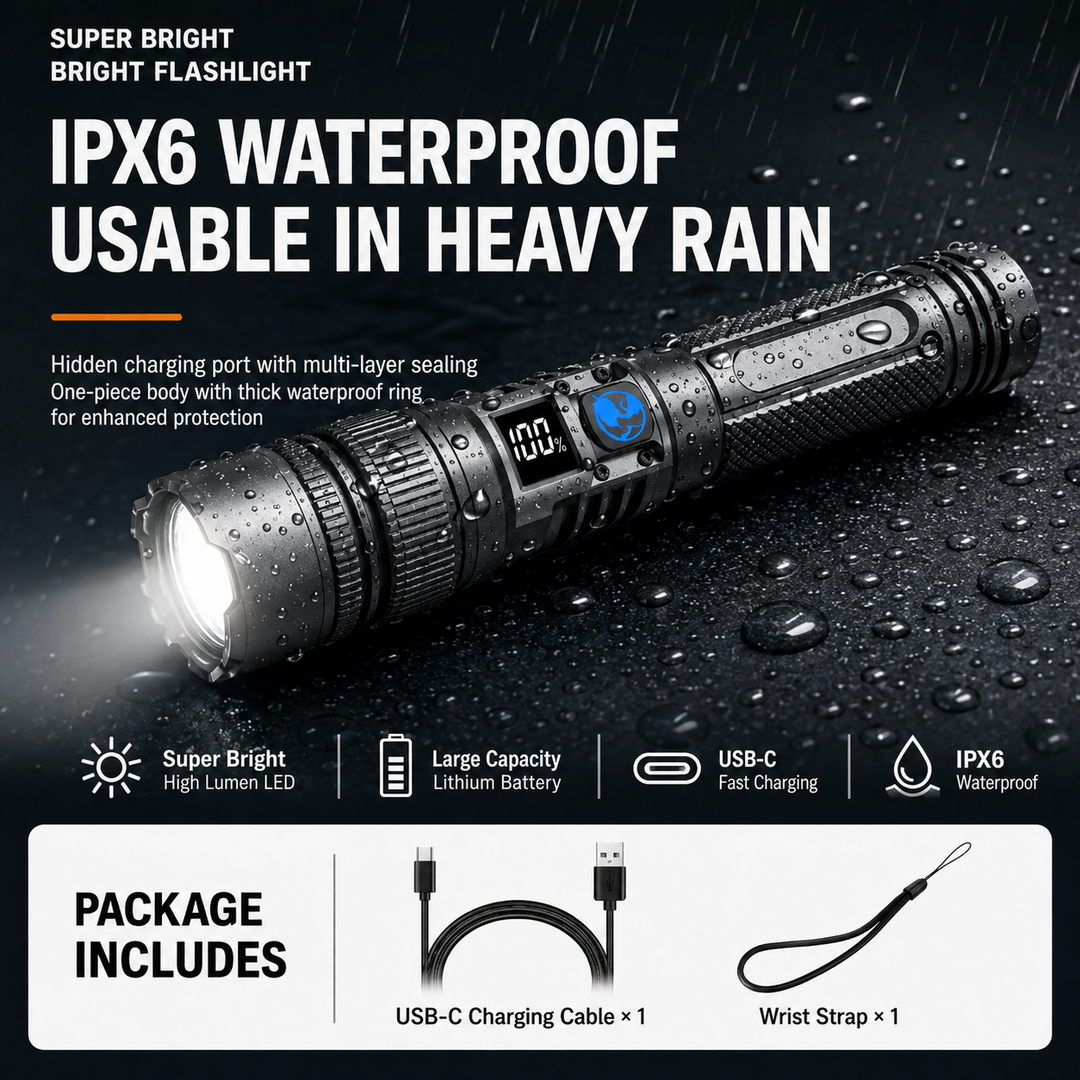 Rechargeable Tactical Zoomable LED Flashlight with Digital LCD Battery Indicator Bowlift