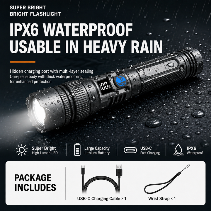 Rechargeable Tactical Zoomable LED Flashlight with Digital LCD Battery Indicator Bowlift