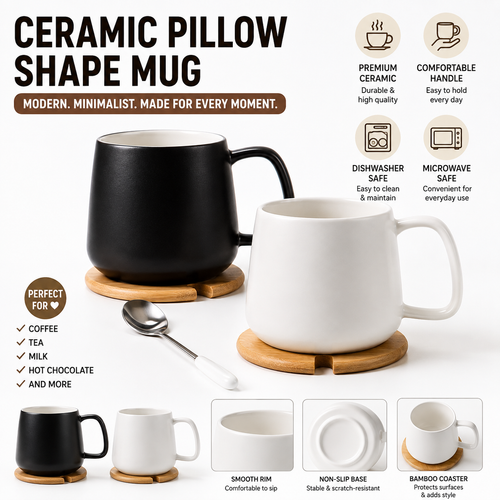 Matte Ceramic Insulated Coffee Mug Gift Set with Wooden Lid and Stainless Spoon Bowlift