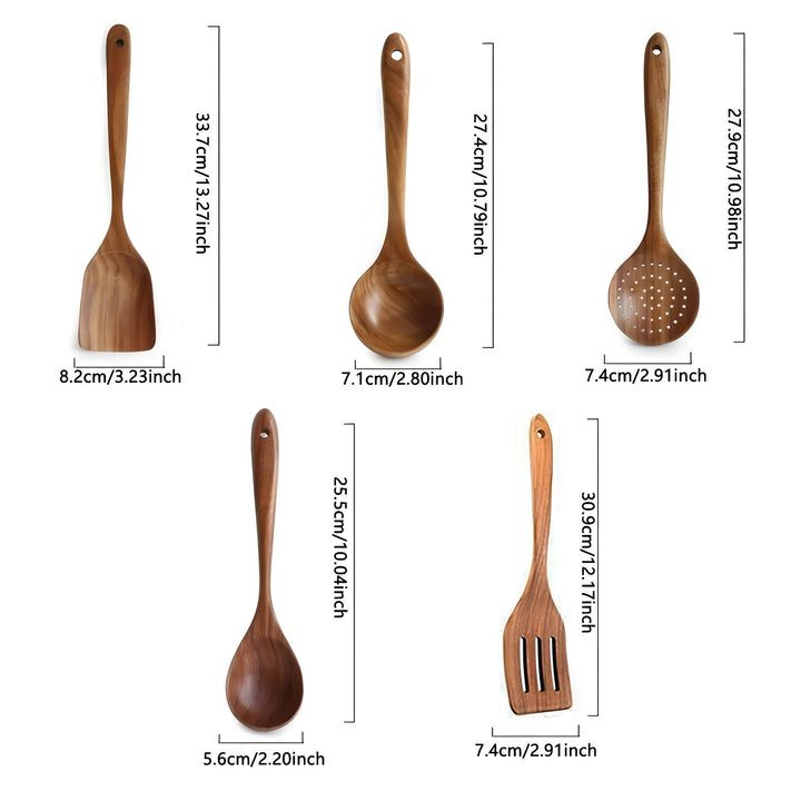 BowLift | Luxury 5-Piece Kitchen Utensil Set of Natural Teak – Heat Resistant and Scratch Free
