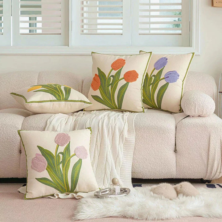 Embroidered tulip cushion cover