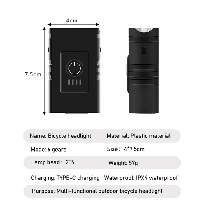 BowLift | Rechargeable LED bike front light with 6 modes & USB-C charging function