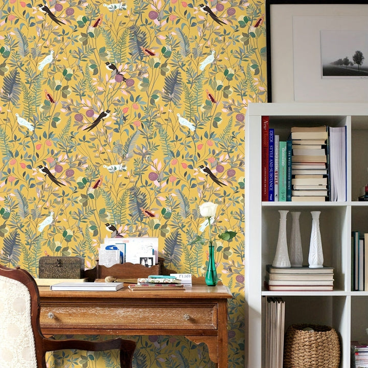 BowLift | Golden Canopy Bird and Leaf Peelable Wallpaper