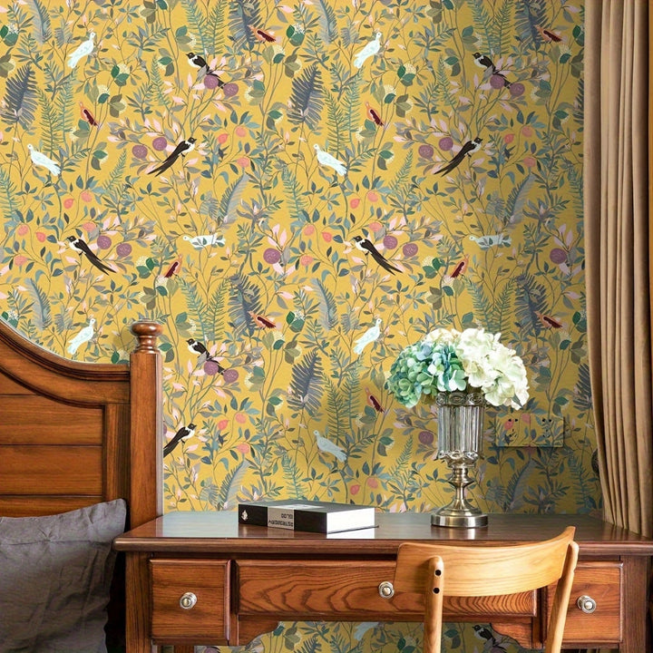 BowLift | Golden Canopy Bird and Leaf Peelable Wallpaper